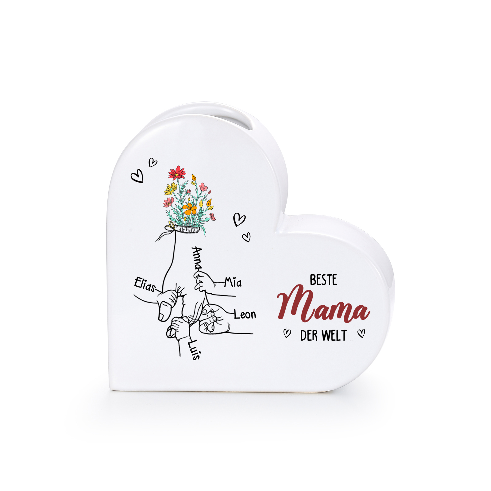 Personalisierte Keramik-Herzvase mit 2–6 Vornamen Beste Mama/Oma der Welt