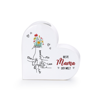 Personalisierte Keramik-Herzvase mit 2–6 Vornamen Beste Mama/Oma der Welt