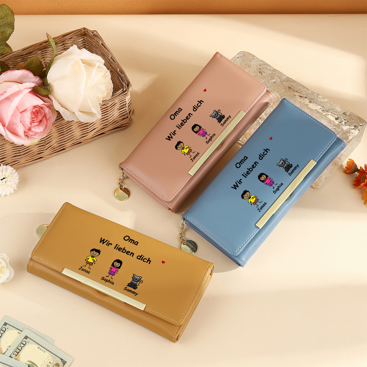 Personalisierte 1-6 Namen & Muster PU-Leder Portemonnaie -Oma wir lieben dich- Geldbörse für Oma Großmutter