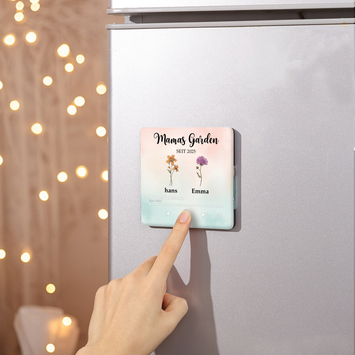 Personalisiertes Namen & Lied & Blumen farbige Acryl-Holz Kühlschrankmagnet mit Musikfunktion - Mamas Garten