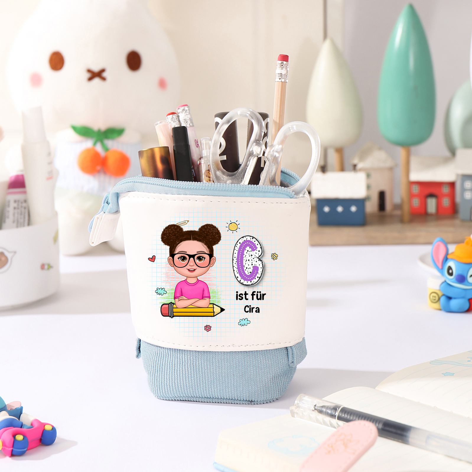 Personalisierter Name in 4 Farben Leinwand PU-Leder Stifteetui Stifttasche für Mädchen