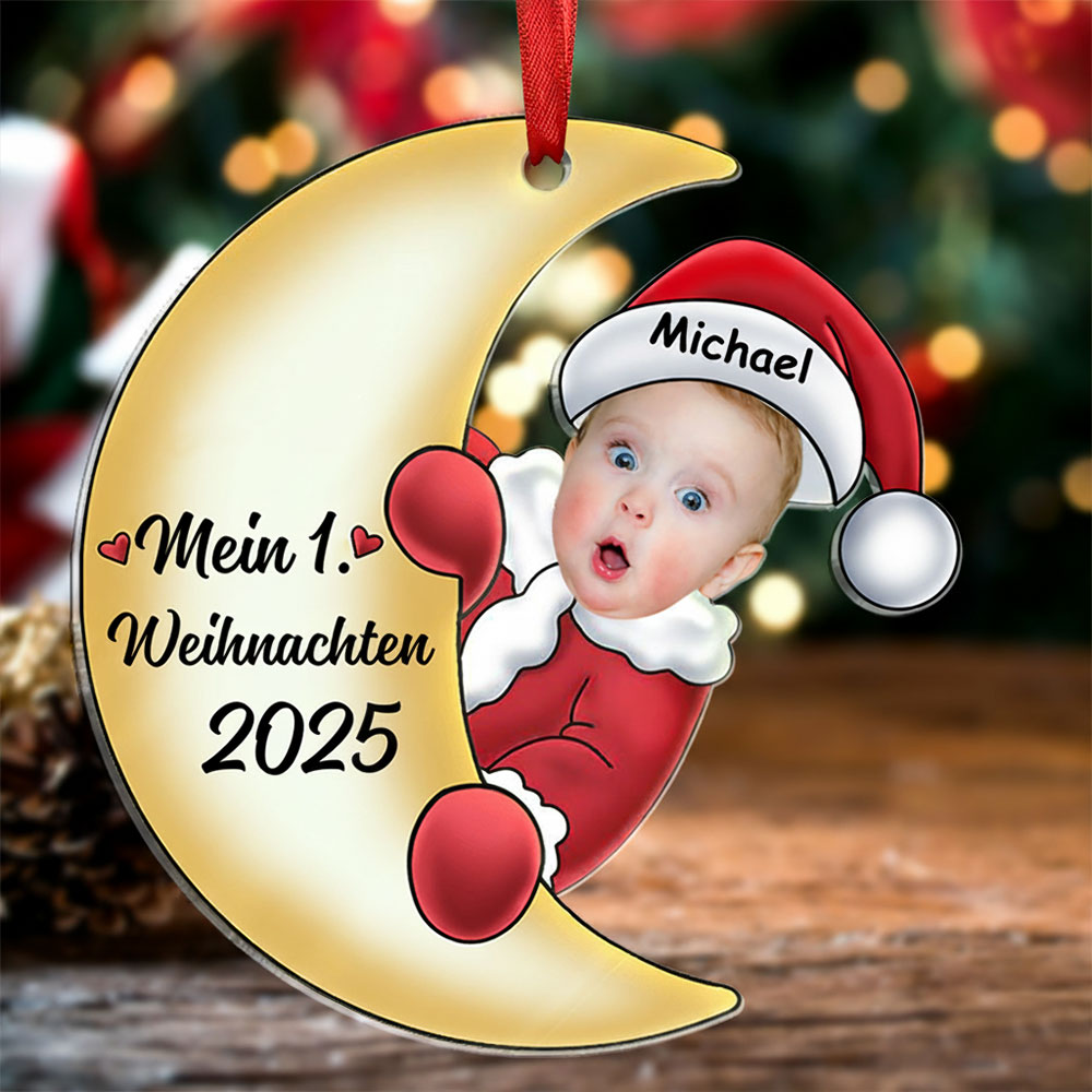 Acryl Weihnachtsornament - Personalisierter 1 Name & Foto & Jahr Baby auf dem Mond – Erster Weihnachten 2024 – Weihnachtsanhänger