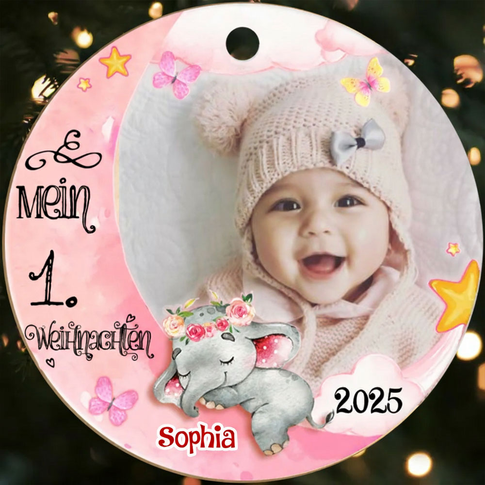 Holz Weihnachtsornament-Personalisierter 1 Name & Foto Halbmond Rund Baby Ornament- Mein 1. Weihnachten