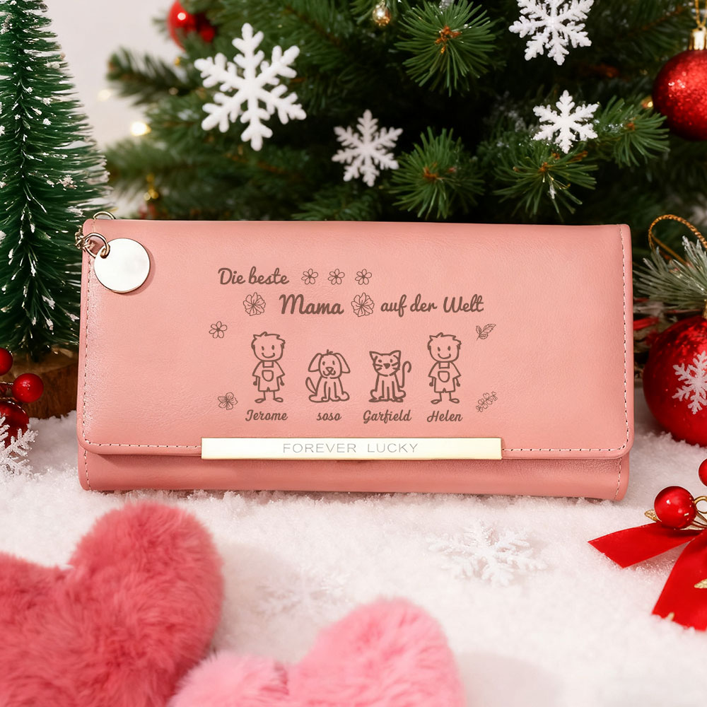 Personalisiertes Foto & 4 Namen & Muster Rosa/Blau/Gelb PU Leder Lange Portemonnaie Geldbörse-Die beste MAMA/OMA auf der Welt