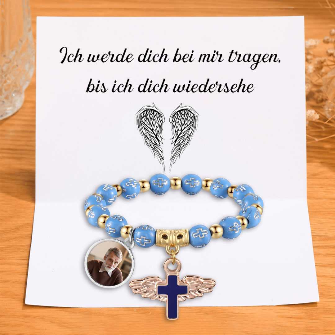 Personalisiertes Foto-Gedenkarmband mit Perlen, Engelsflügel und Rosenkranzkreuz Engelsflügel Geschenkkarte Set