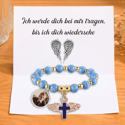 Personalisiertes Foto-Gedenkarmband mit Perlen, Engelsflügel und Rosenkranzkreuz Engelsflügel Geschenkkarte Set