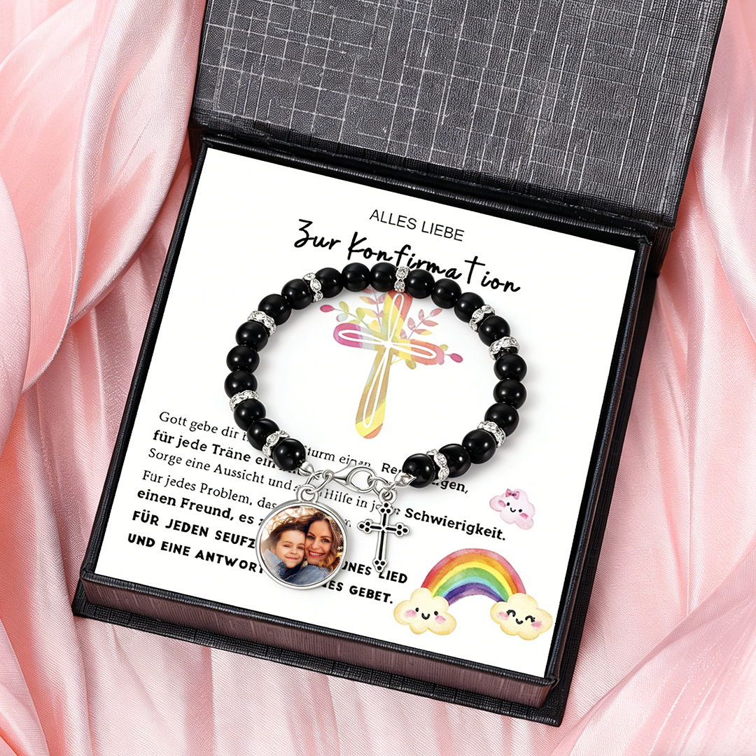 Personalisierbares Foto‑Perlenarmband mit Kreuz – Geschenk zur Konfirmation für Mädchen inkl. Segenskarte & Box