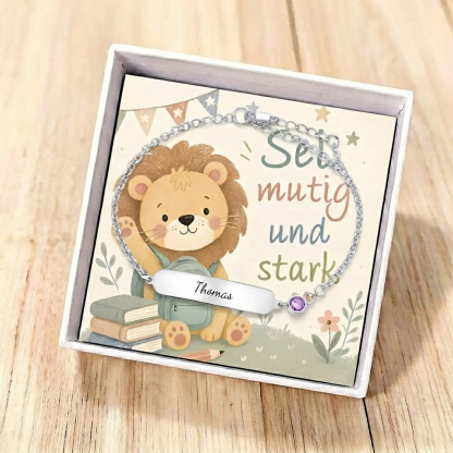 Löwen-Armband mit Namensgravur Geburtsstein Personalisiertes Kinderarmband Geschenkbox Sei mutig und stark