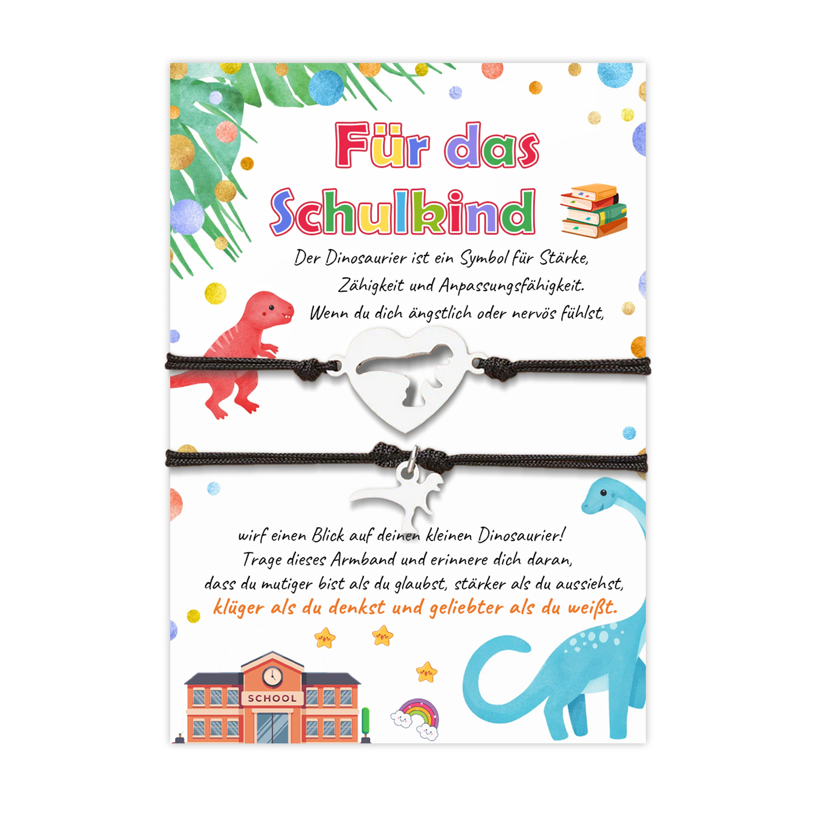 Dinos Armbänder Set- Für das Schulkind-Schulanfang Geschenk mit Nachrichtenkarte
