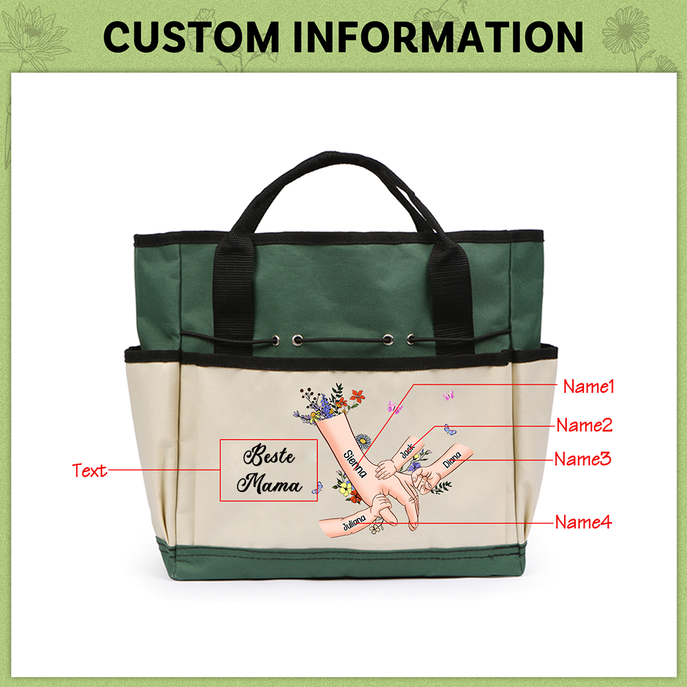 Personalisierte 2-8 Namen & Text Gartentasche Blume Hand in Hand Familie große kapazität Gartentasche für Gartenwerkzeug nähen