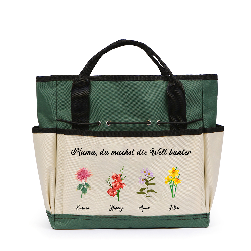 Personalisierte 2-8 Namen & Geburtsblumen & Text Gartentasche Familie große kapazität Gartentasche für Gartenwerkzeug nähen