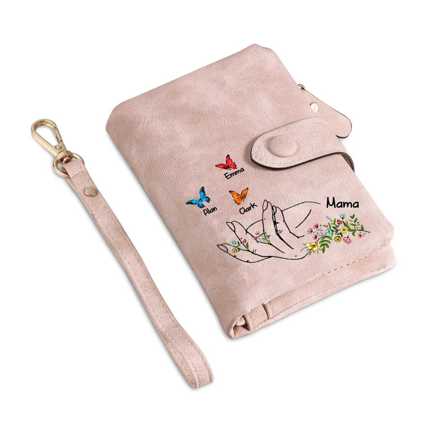 Damen Personalisierte 3-7 Namen mit Hand & Schmetterling & Blumen PU Leder Geldbörse