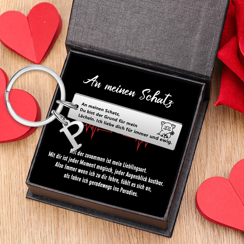 Personalisierter Text & Buchstabe Edelstahl Schlüsselanhänger – An meinen Schatz, Mit der zusammen ist mein Lieblingsort. – Geschenk mit Nachrichtenkarte für Paar
