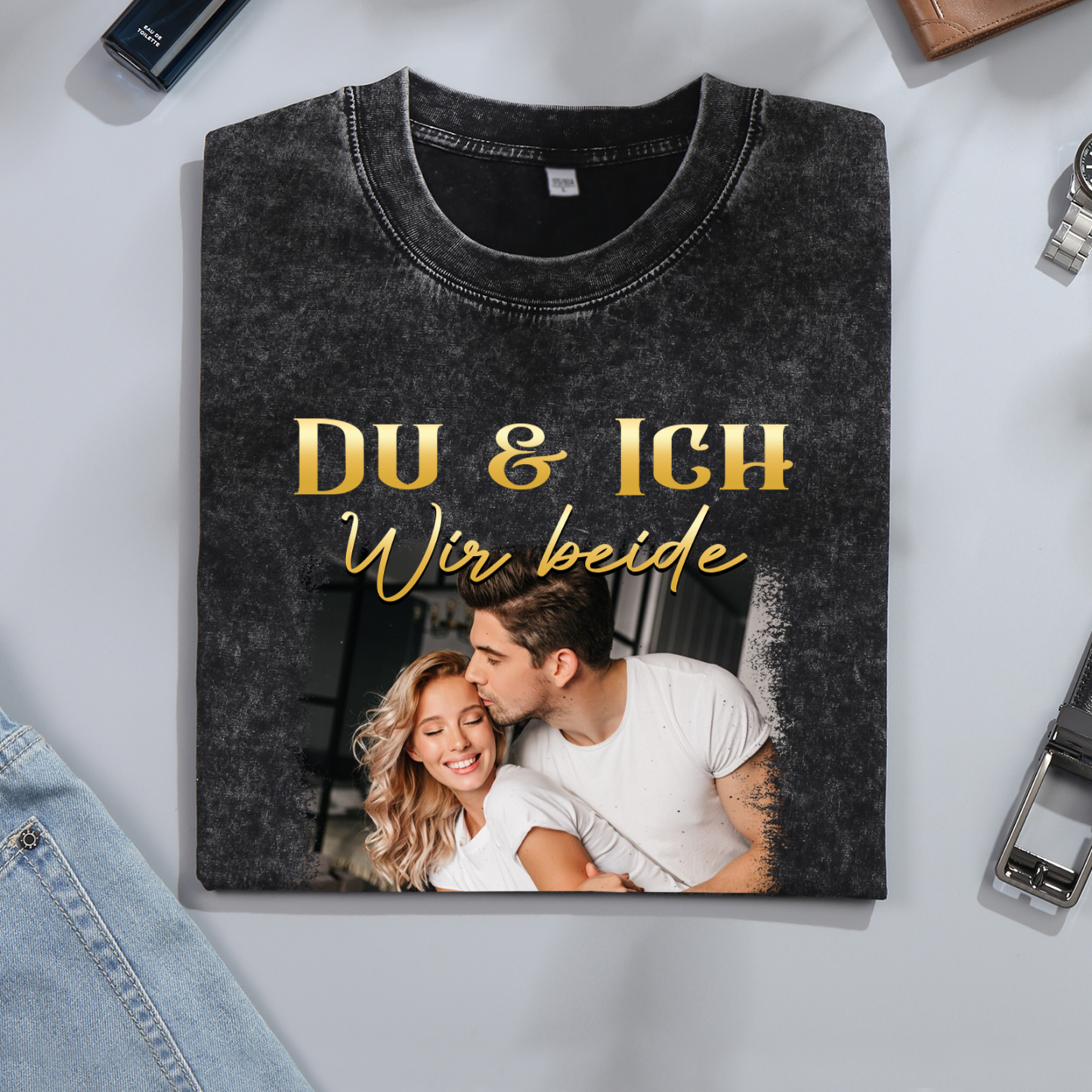 Personalisierte 2 Namen & Foto Liebespaar Schwarz Partner T-Shirts Zeige deine Liebe mit Stil
