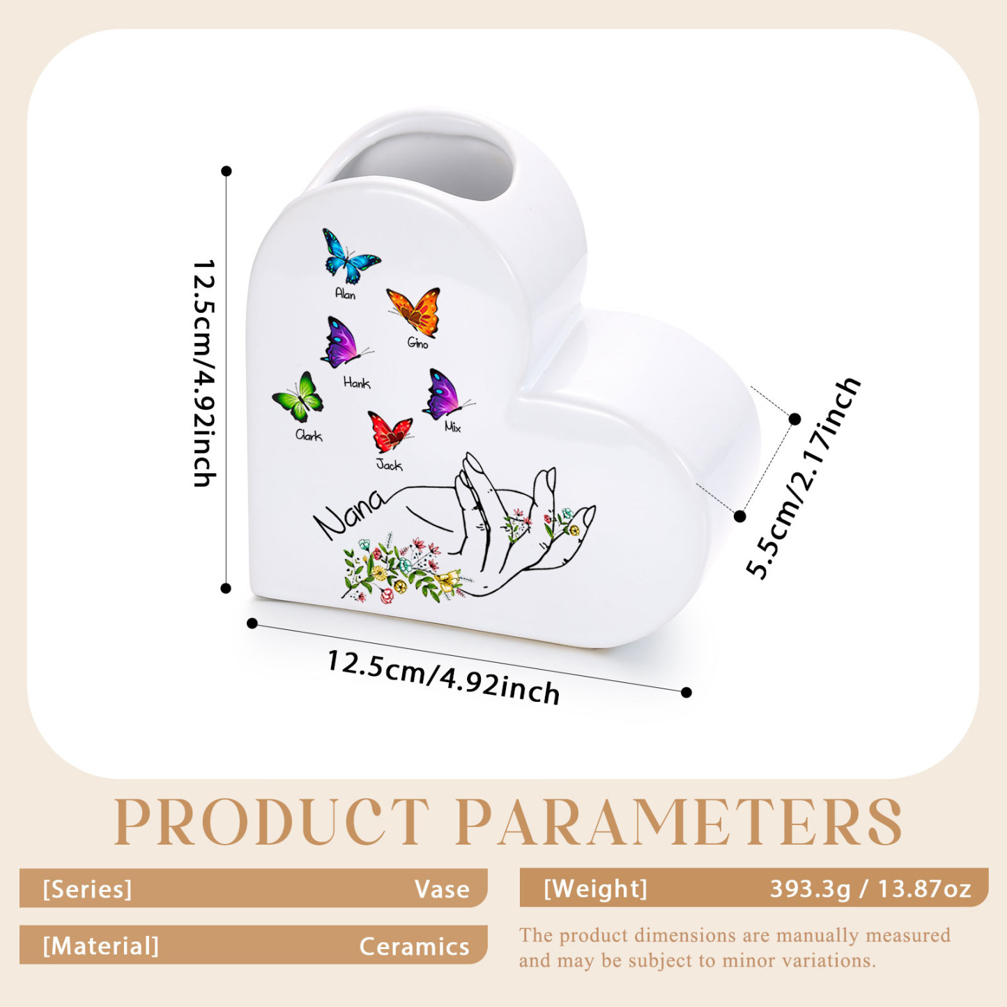 Personalisierte Herzvase aus Keramik mit 2–8 Namen und Schmetterlingsmotiv