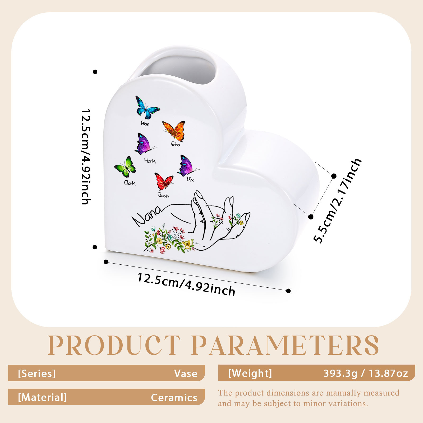 Personalisierte Herzvase aus Keramik mit 2–8 Namen und Schmetterlingsmotiv