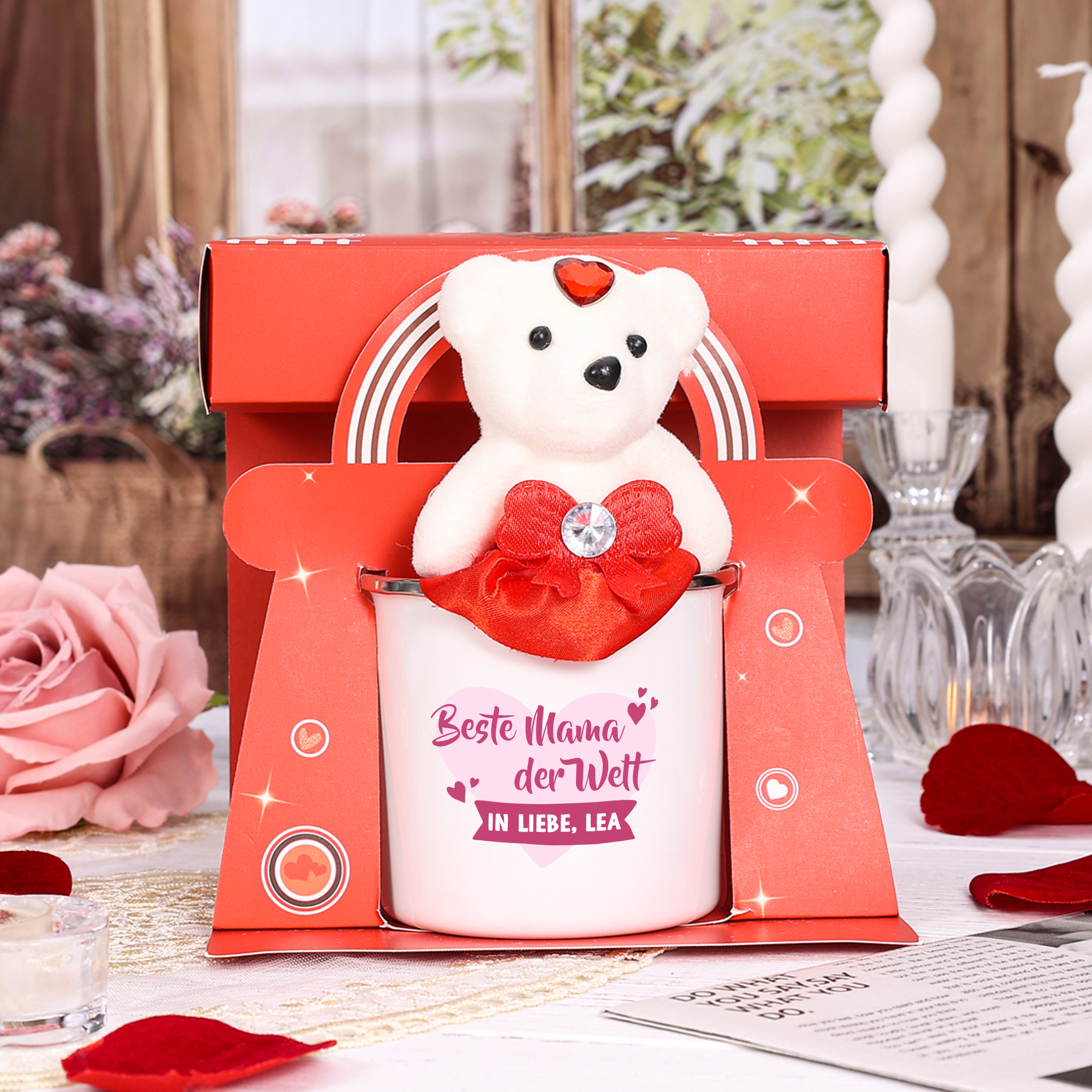 Emaille Tasse Geschenkpackung mit Bären Spielzeug-Personalisierter Text Emaille Becher-Geschenk für Mutter