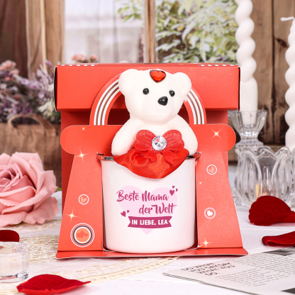 Emaille Tasse Geschenkpackung mit Bären Spielzeug-Personalisierter Text Emaille Becher-Geschenk für Mutter