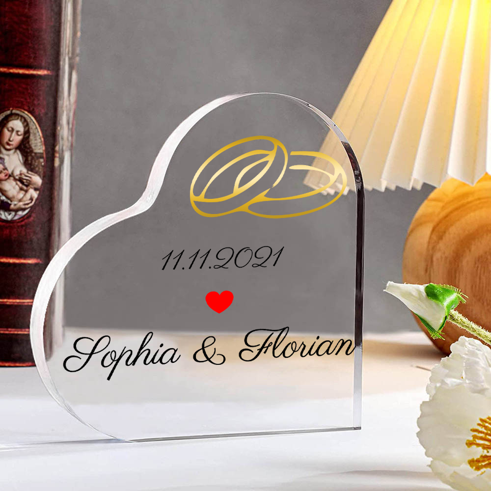 Personalisierte 1 Text Acryl-Deko Paar Ringe Schreibtischdekoration Hochzeitstag Geschenk für Paar