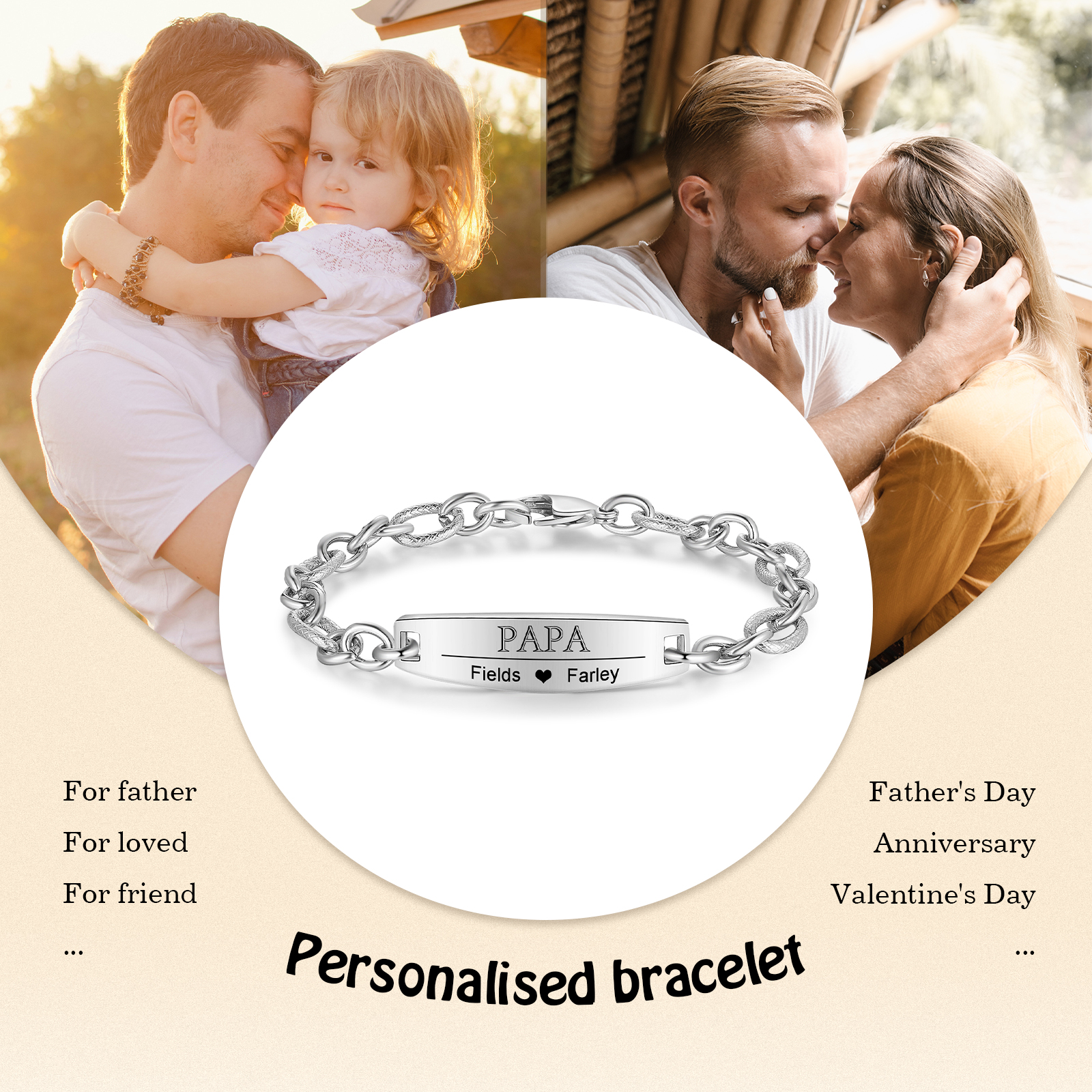 Herren Armband-Personalisiertes 2 Namen & Text Edelstahl Armband 