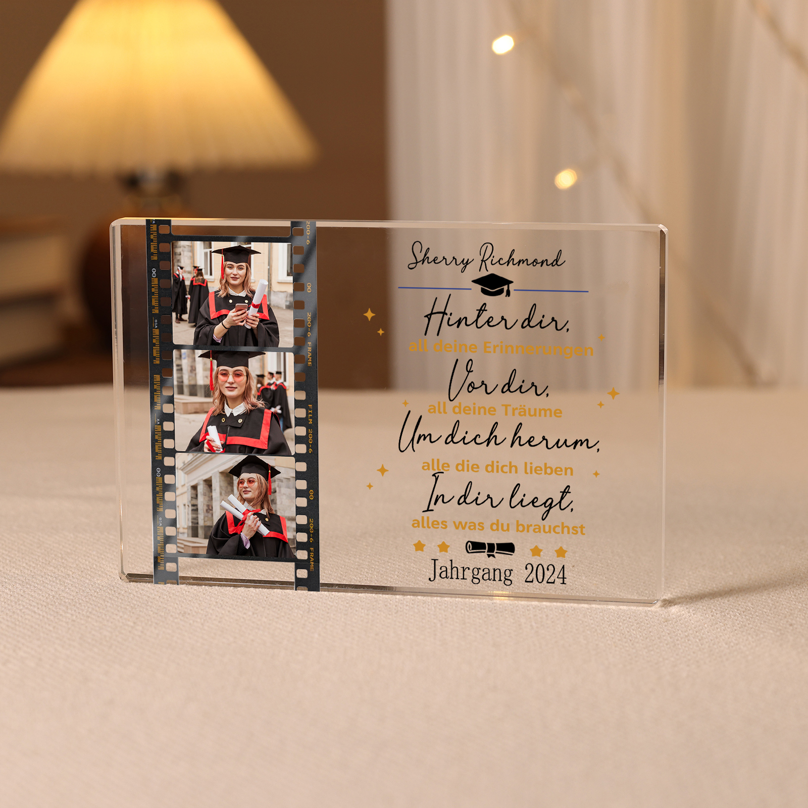 Rechteck Acryl-Deko Personalisierte 3 Fotos & Name & 2 Texte Vor dir, all deine Träume Schreibtischdekoration zum Abschluss