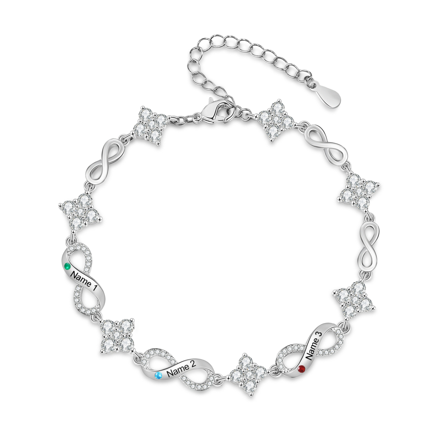 Personalisiertes Infinity-Geburtssteinarmband mit 1–5 Namen funkelndes Namensarmband