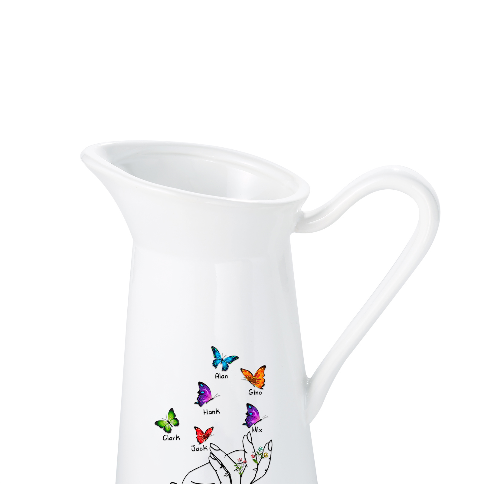 Personalisierte 6 Namen & Text Schmetterling in der Hand Gießvase mit Henkel Familie Vase
