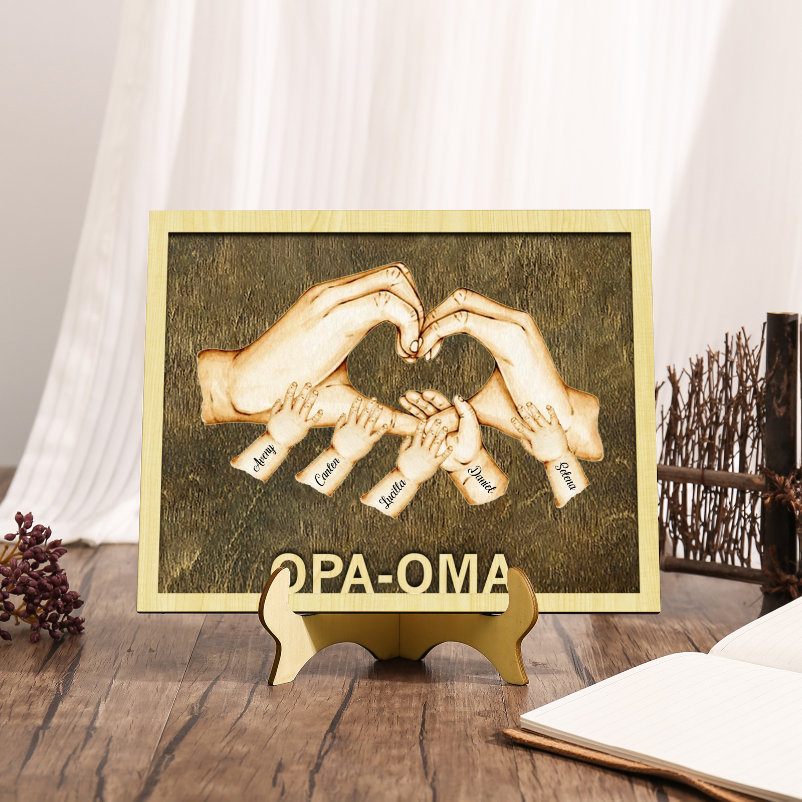 OPA-OMA Holz Deko-Personalisierbare 5 Namen Ornament Familie Hand in Hand Holzdekoration für Großeltern