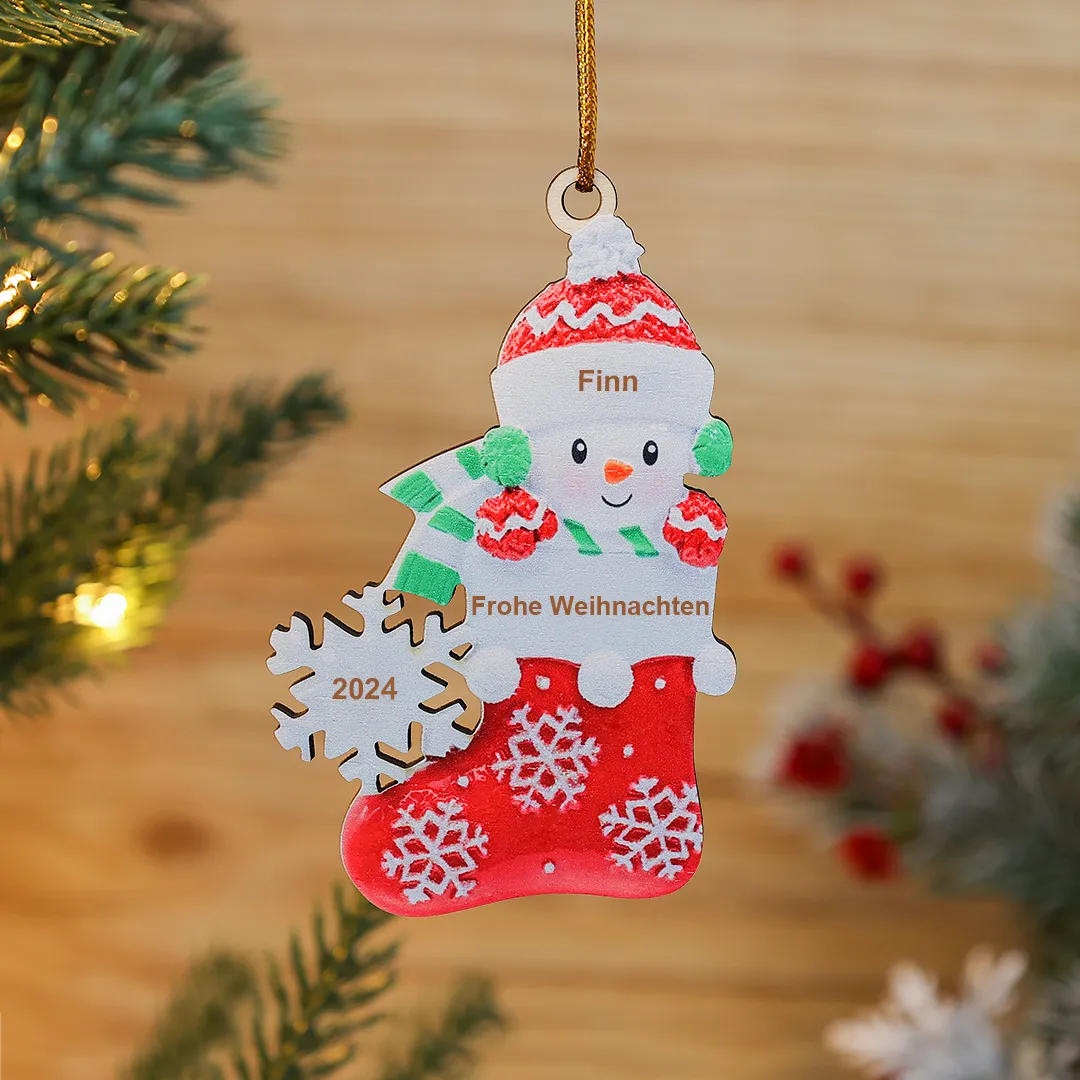Holz Personalisierter 1 Name & Text & Jahr Schneebaby & Weihnachtsstrumpf Rot Weihnachtsornament Weihnachtsbaum Anhänger