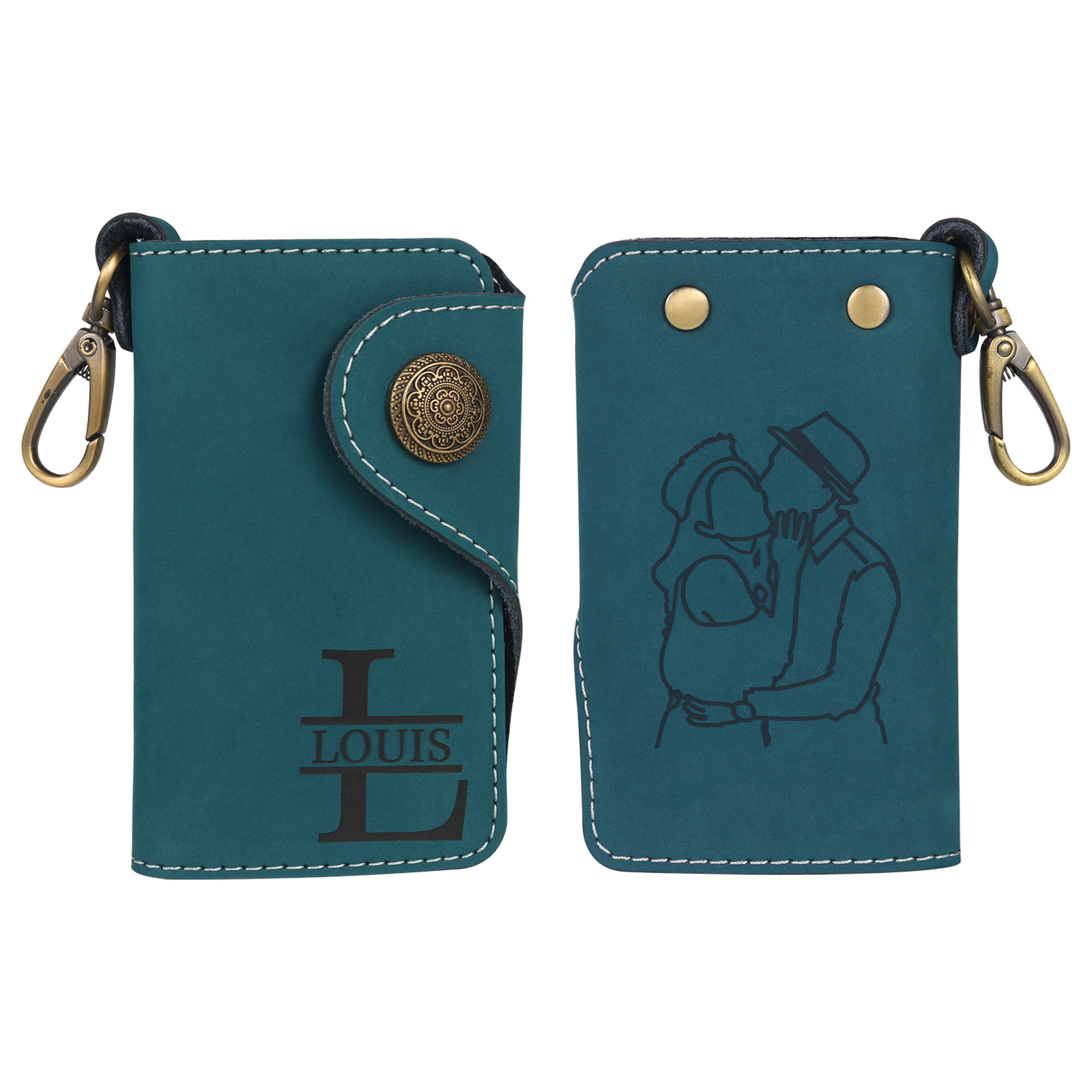 Personalisiertes Foto & Name & Buchstabe Strichzeichnung Leder Schlüsseltasche