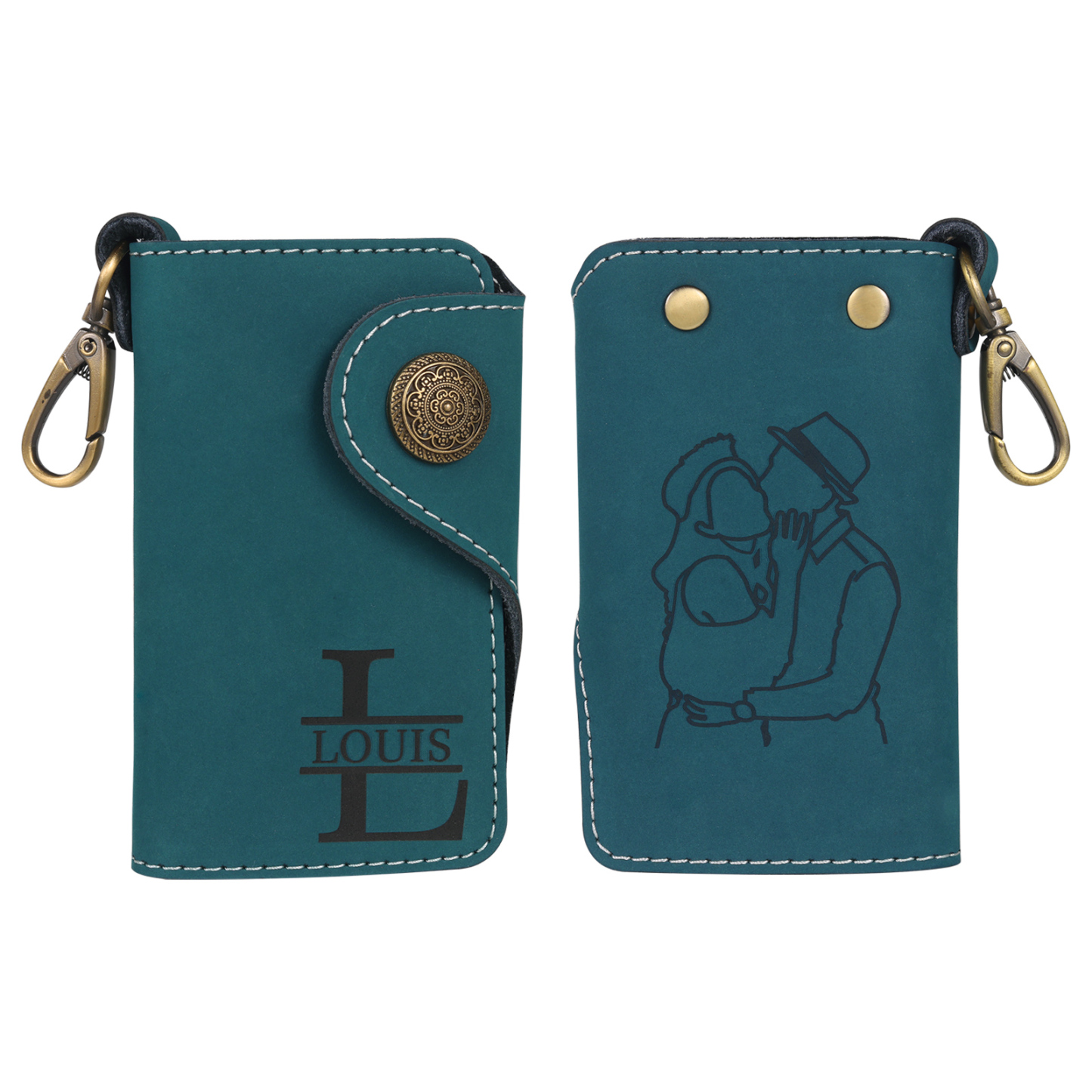 Personalisiertes Foto & Name & Buchstabe Strichzeichnung Leder Schlüsseltasche