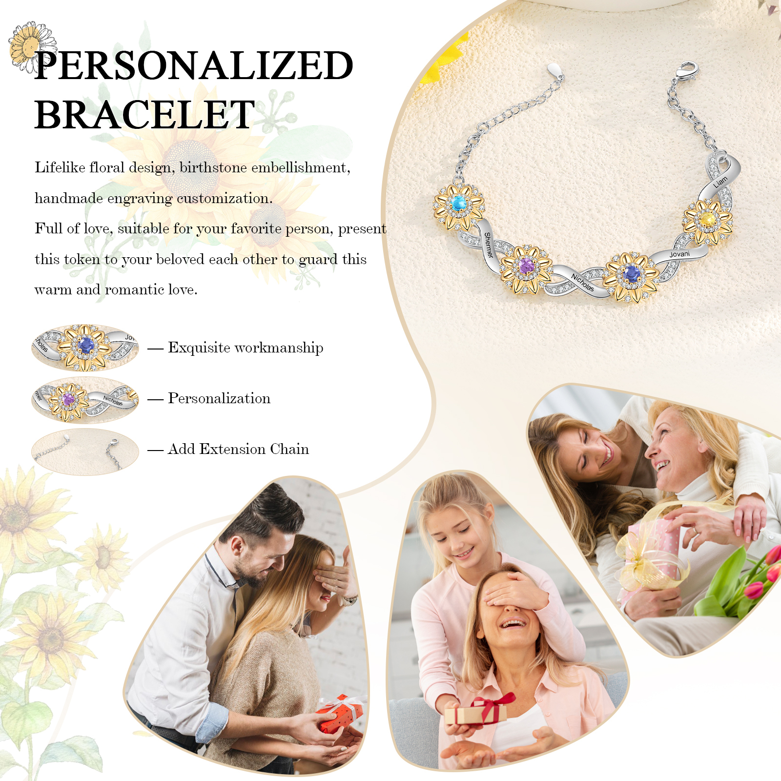 Personalisierte 4 Namen & 4 Geburtssteine Sonnenblume Infinity Armband mit Zirkonia
