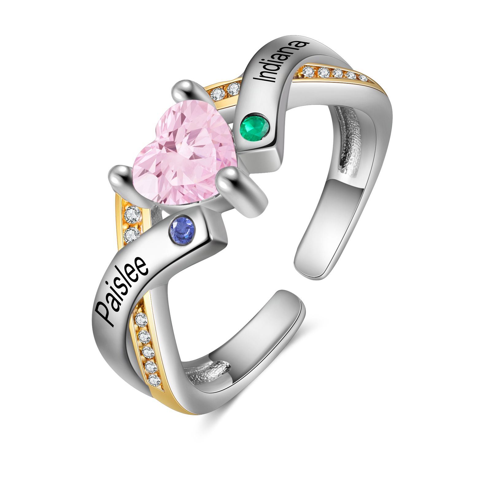 Personalisierte 3 Geburtssteine & 2 Namen Offener Ring mit Zirkonia