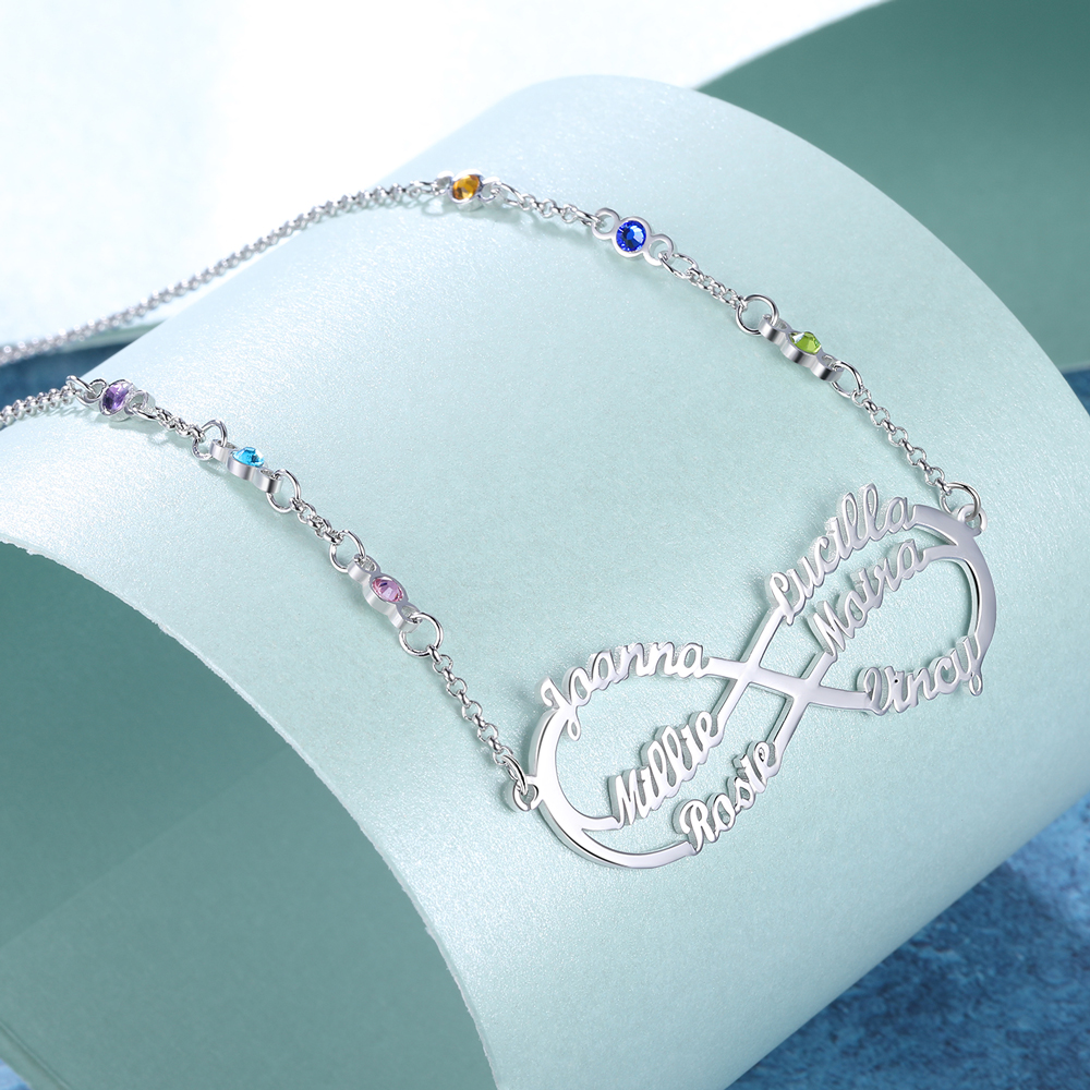 Benutzerdefinierte Unendlichkeit Infinity Halskette mit 6 Geburtssteinen und  6 Namen