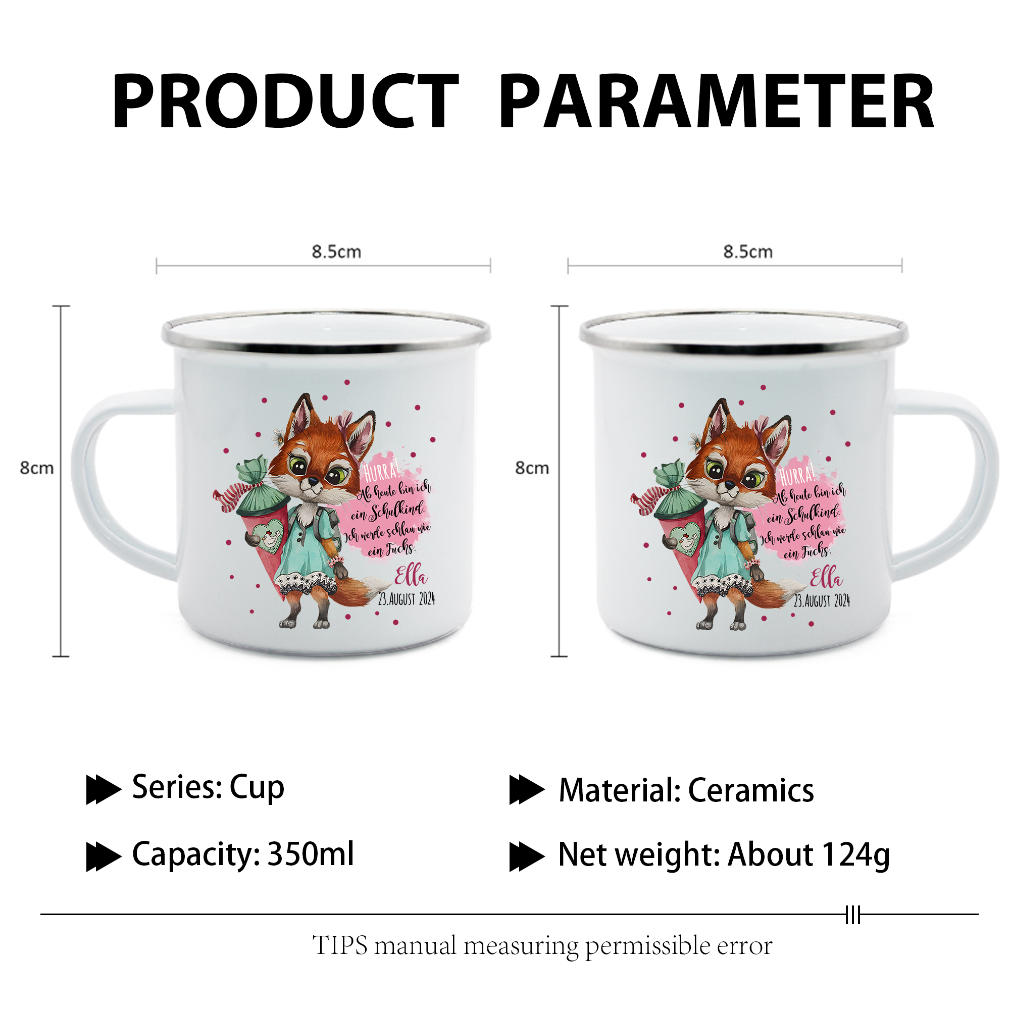 Emaille Tasse-Personalisierter Name & Datum Hase Becher - Hurra ab heute bin ich ein Schulkind Ich werde schau wie ein Fuchs - Geschenk zum Schulanfang