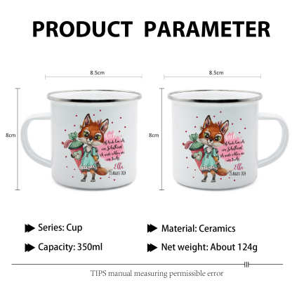 Emaille Tasse-Personalisierter Name & Datum Hase Becher - Hurra ab heute bin ich ein Schulkind Ich werde schau wie ein Fuchs - Geschenk zum Schulanfang