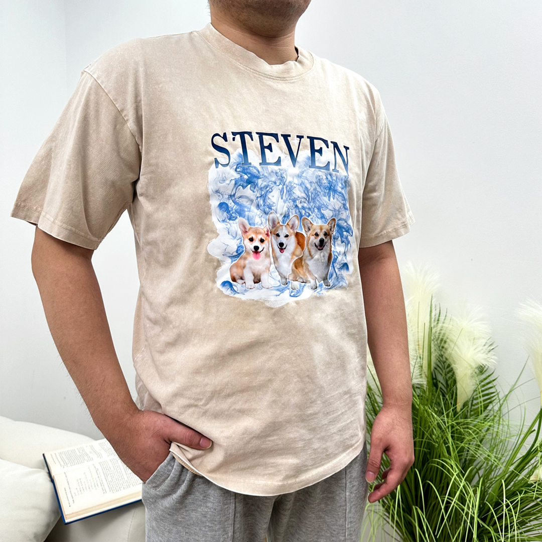 Personalisierte 3 Namen & 3 Fotos Haustier Herren Kurzarm T-Shirt