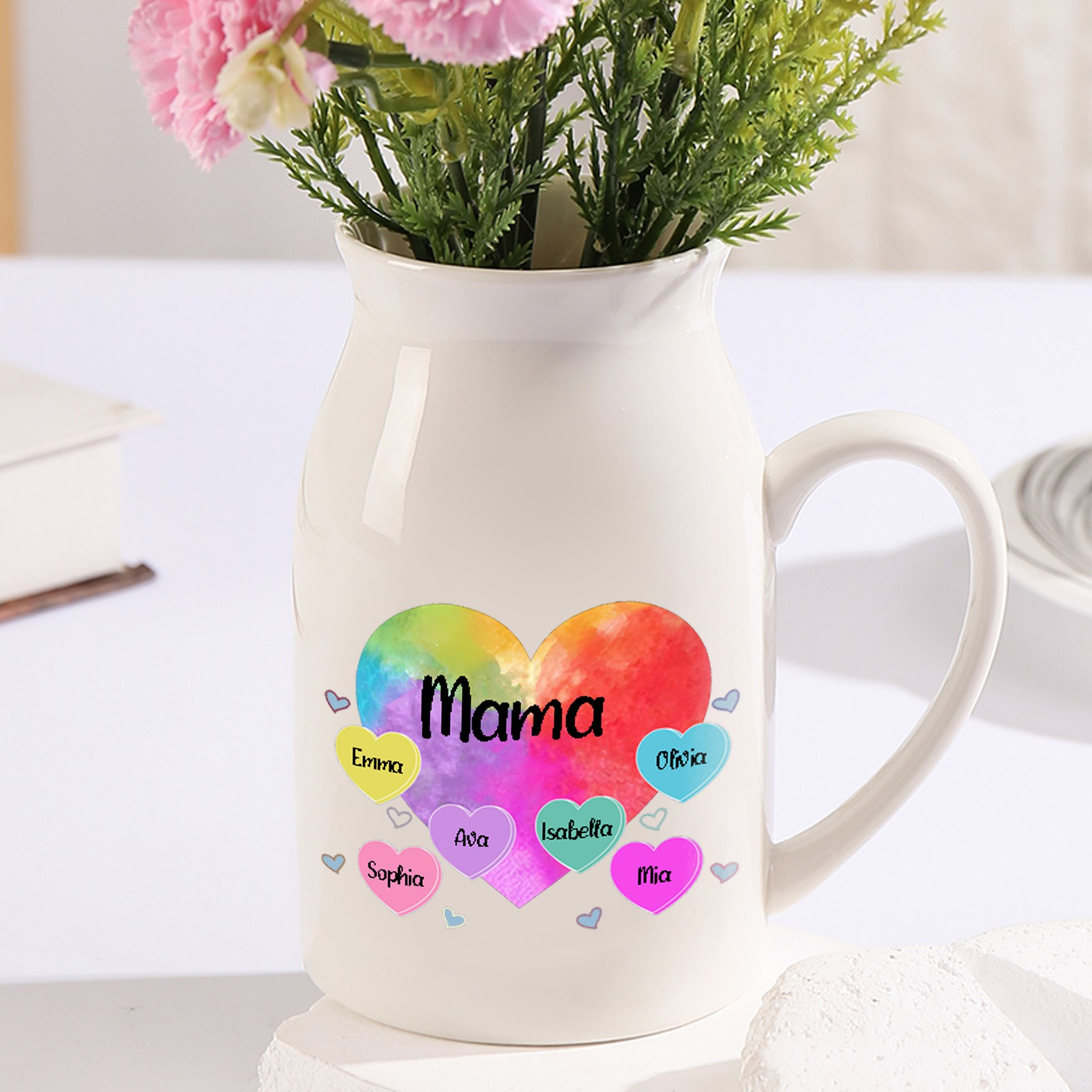 Personalisierte 6 Namen & Text Buntes Herz Familie Vase
