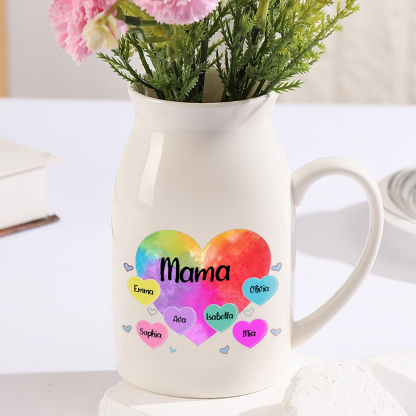 Personalisierte 6 Namen & Text Buntes Herz Familie Vase