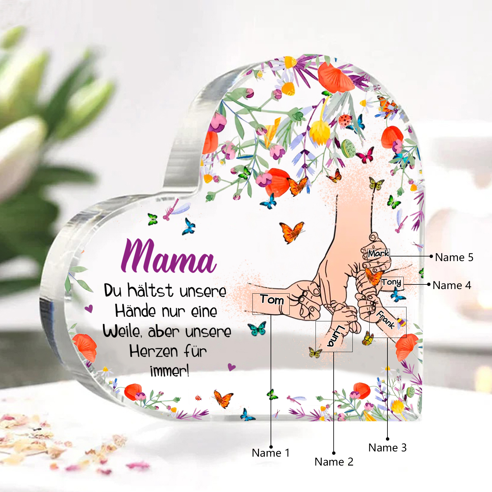 Personalisierte 5 Namen Herz Acryl-Deko -Mama Du hältst mein Hand nur eine Weile, aber unsere Herzen für immer- Schreibtischdekoration für Mutter