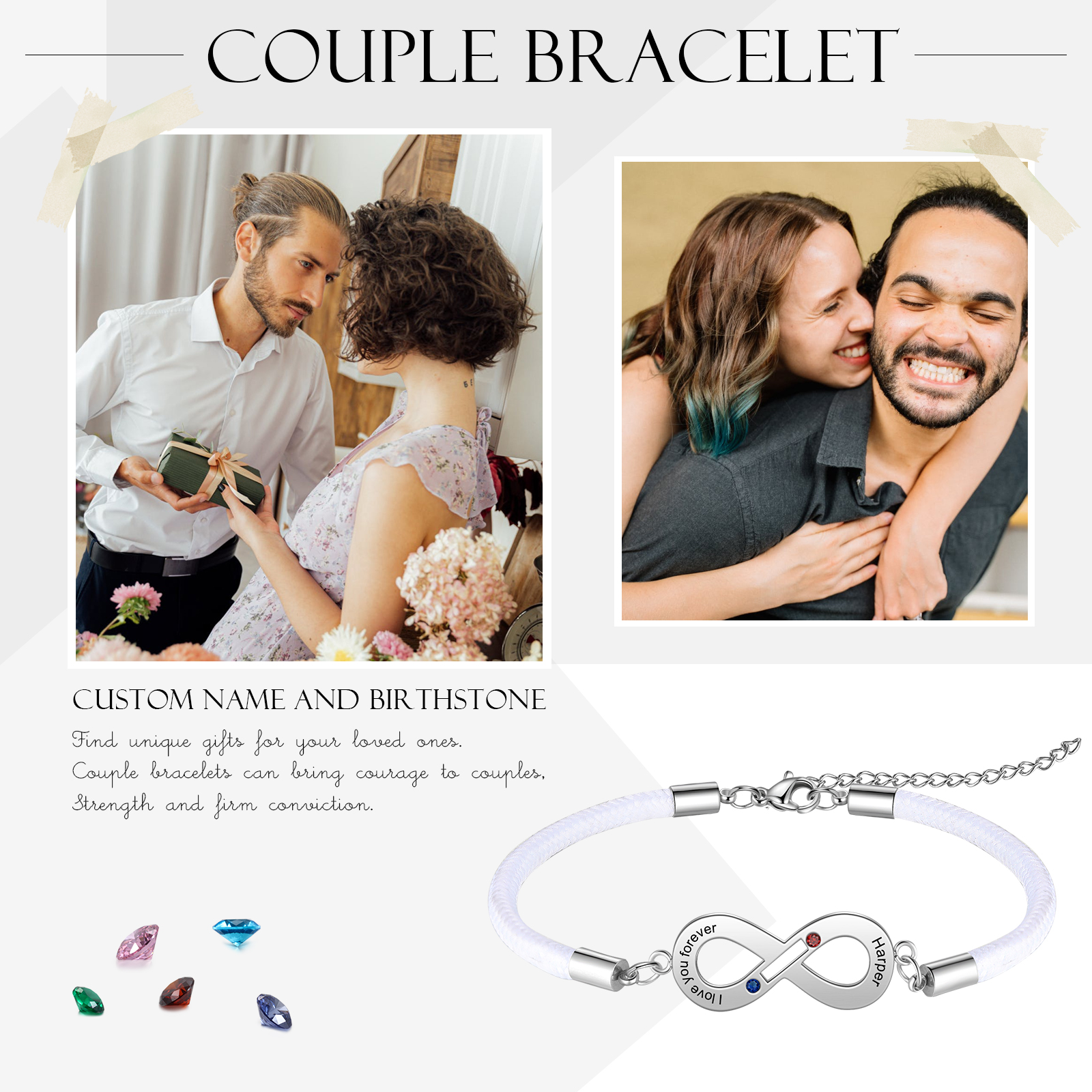 Damen Infinity Herzförmiger Magnetisches Armband mit Name, Text und Geburtsstein Graviert, Valentinstag Geschenk Endlosarmband