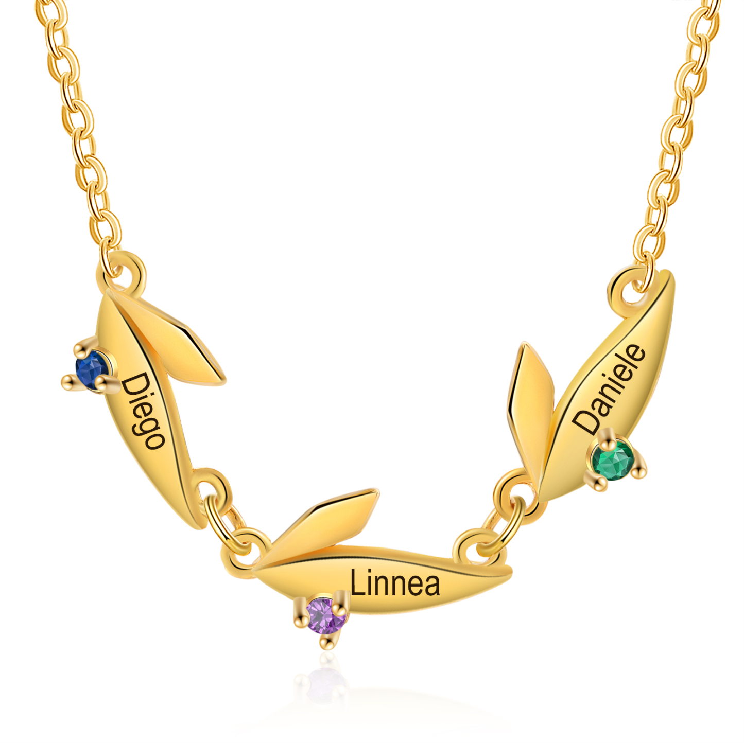 Personalisierte 3 Namen & 3 Geburtssteine Blatt Golden Halskette