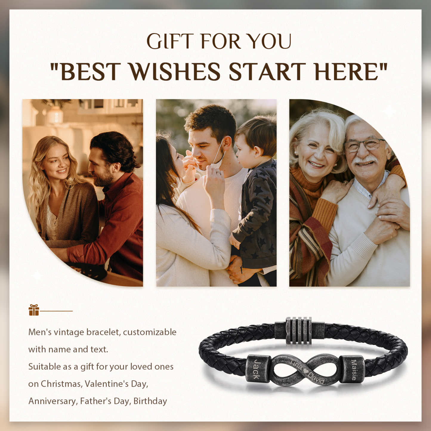 Herren Personalisierte 2 Namen & Text Leder Infinity-Armband mit Vintage Edelstahl Perle-Geschenk mit Nachrichtenkarte für Mann/ Freund