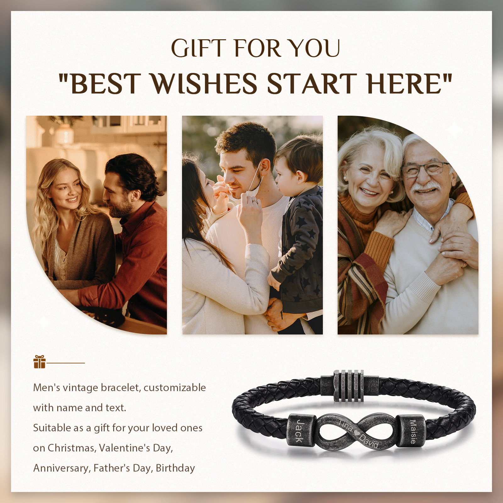 Herren Personalisierte 2 Namen & Text Leder Infinity-Armband mit Vintage Edelstahl Perle-Geschenk mit Nachrichtenkarte für Mann/ Freund