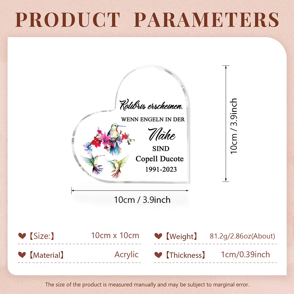 Personalisierter Name & Jahr Acryl-Deko-Kolibris erscheinen, wenn Engeln in der Nähe sind-Trauer Schreibtischdekoration