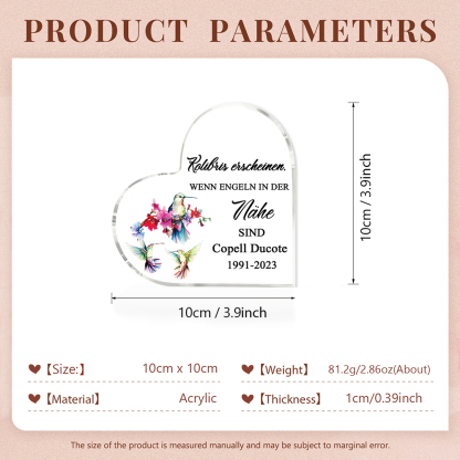 Personalisierter Name & Jahr Acryl-Deko-Kolibris erscheinen, wenn Engeln in der Nähe sind-Trauer Schreibtischdekoration