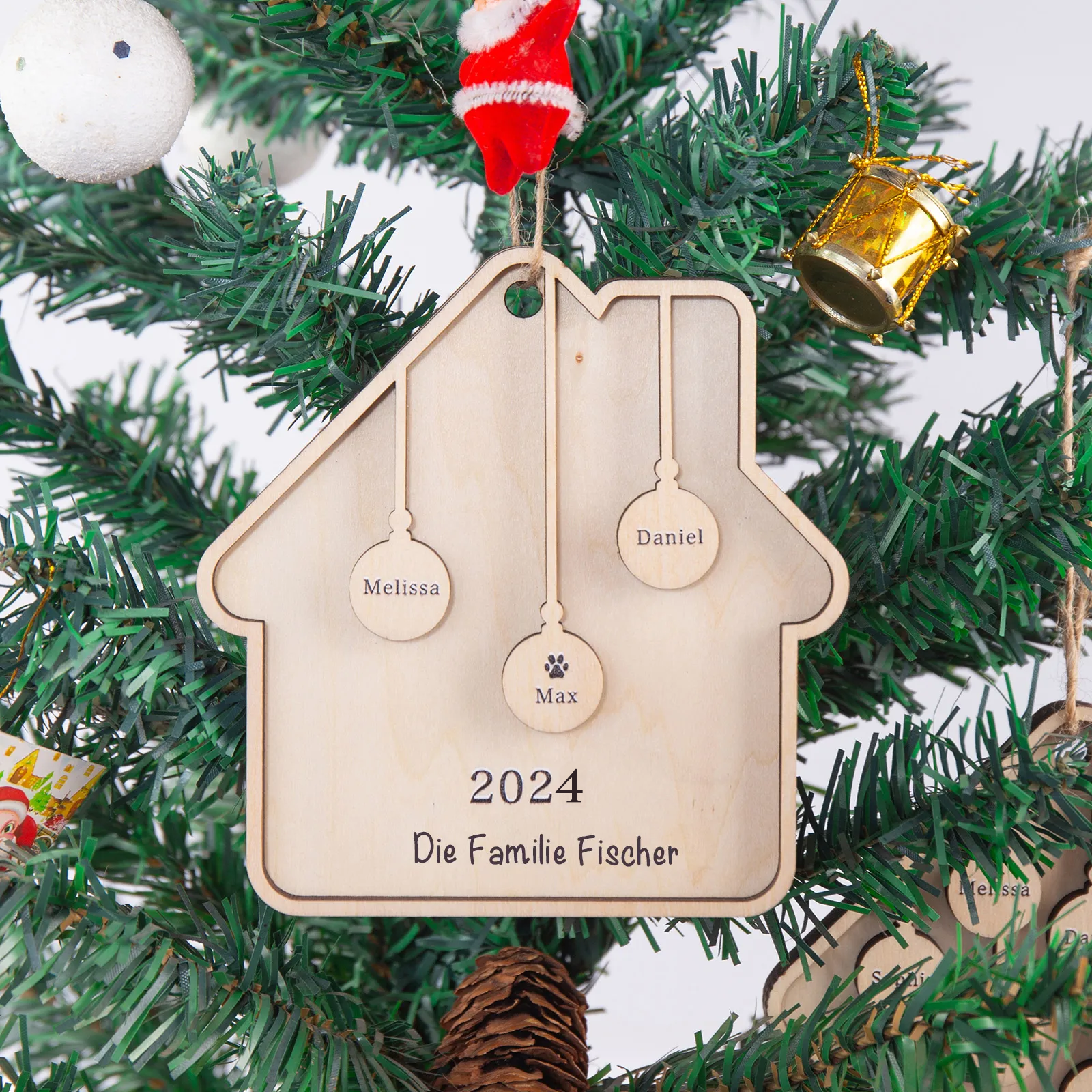 Holz Weihnachtsornament-Personalisiertes 3 Namen Text Jahr Haus Ornament Anhänger 