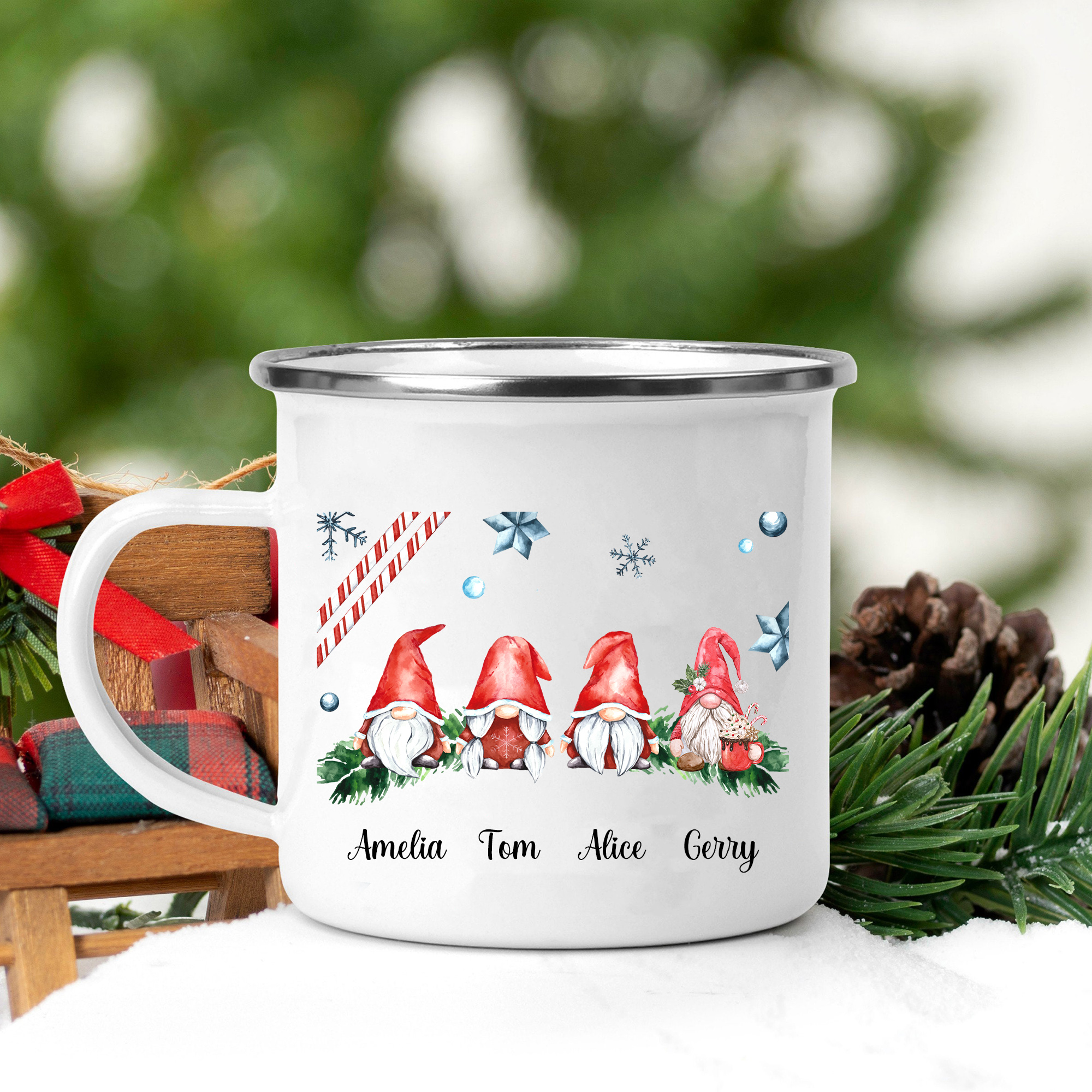 Emaille Tasse-Personalisierte 4 Namen Zwerg Weihnachts-Emaille Becher