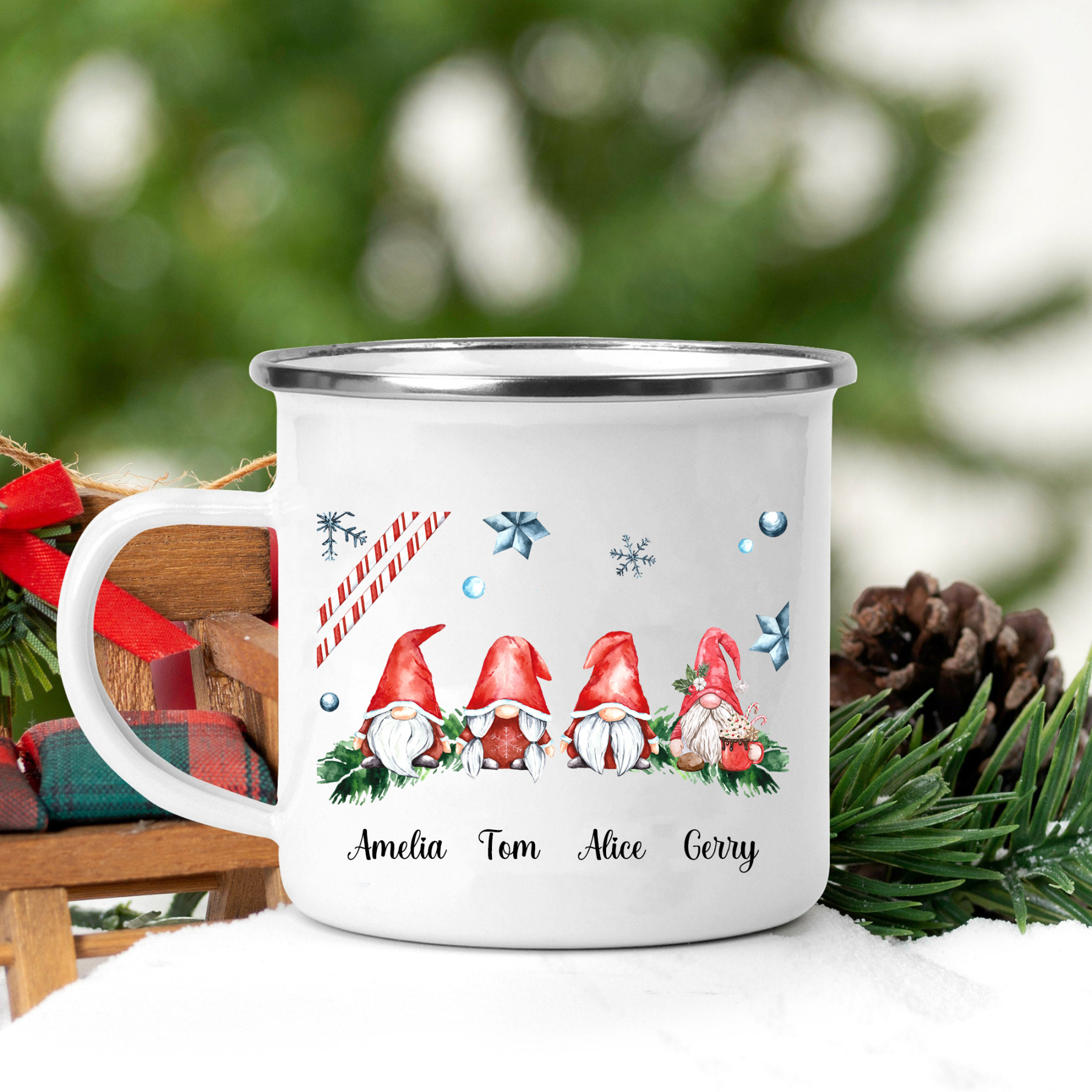 Emaille Tasse-Personalisierte 4 Namen Zwerg Weihnachts-Emaille Becher