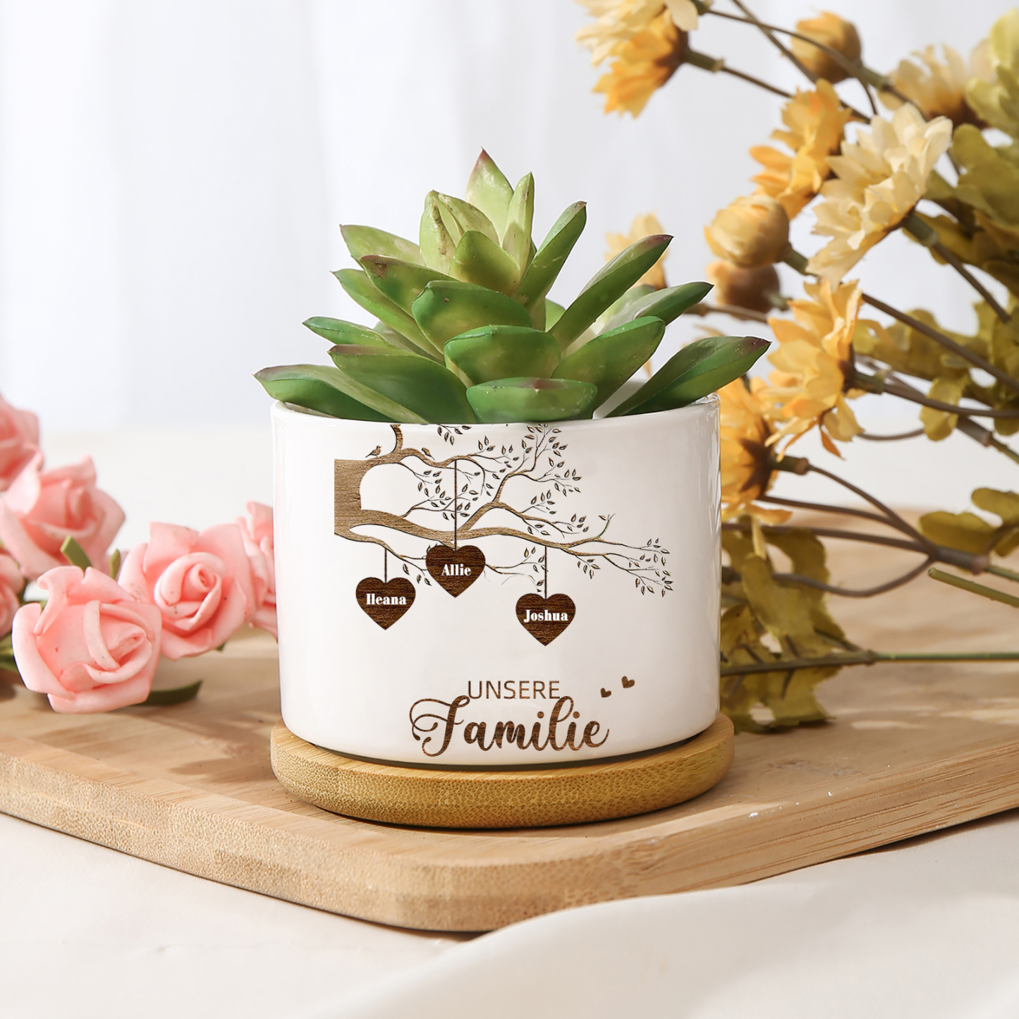 Personalisierbarer Text & 3 Fotos Familienbaum Familie Blumentopf